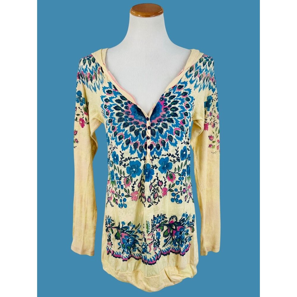 Vintage Free People Floral Boho Pullover Burnout Henley Hoodie Long Sleeve Top - Picture 13 of 16